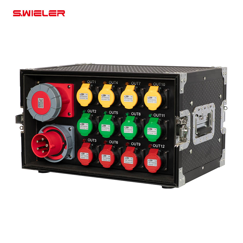Power Tools Distributor - กล่องจ่ายไฟสำหรับตู้ควบคุม พร้อมช่องต่อเข้า 5 ขา 63A และช่องต่อออก